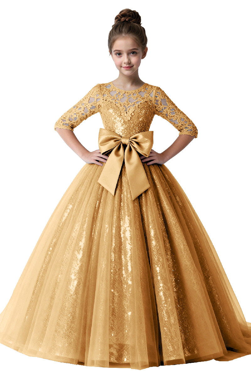 Girls Pink Sequin Lace Half-Sleeve Gown for Weddings with Large Satin Bow