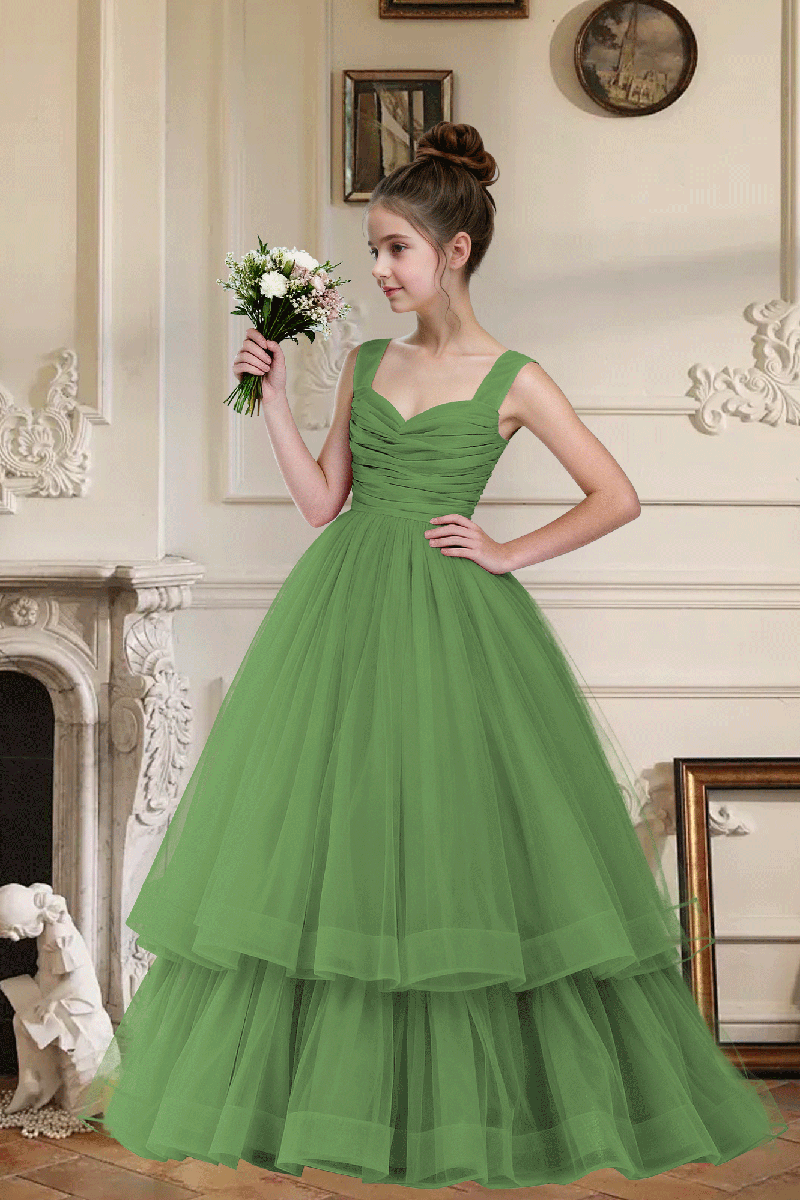 Girls Green Ruched Bodice Tiered Tulle Gown for Weddings with Back Bow Accent