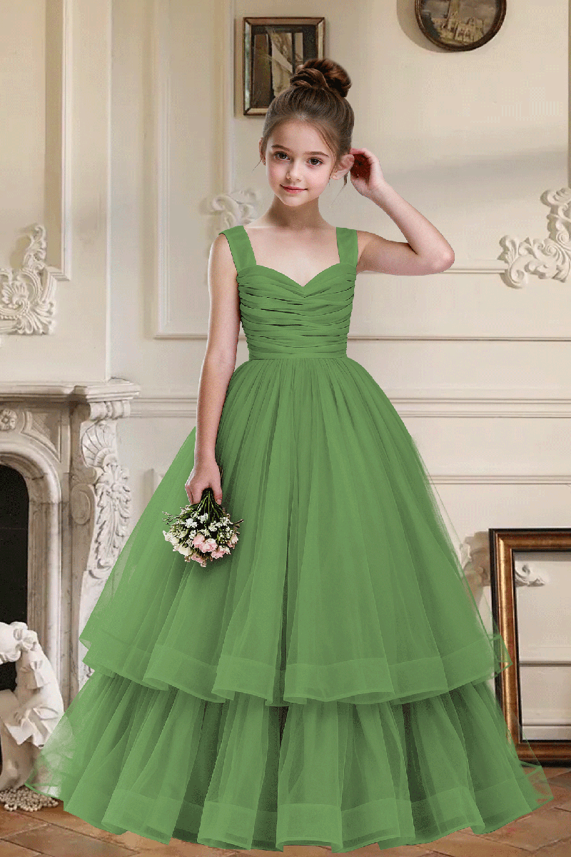 Girls Green Ruched Bodice Tiered Tulle Gown for Weddings with Back Bow Accent