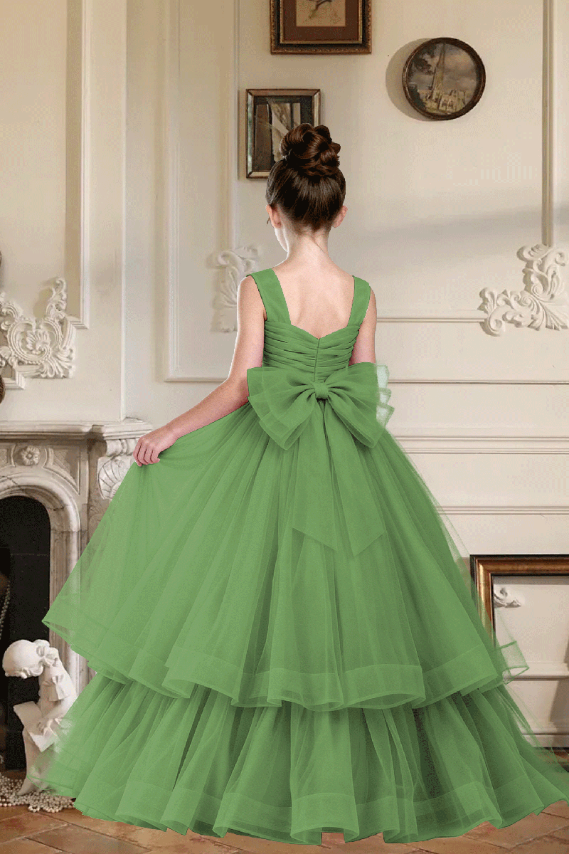 Girls Green Ruched Bodice Tiered Tulle Gown for Weddings with Back Bow Accent
