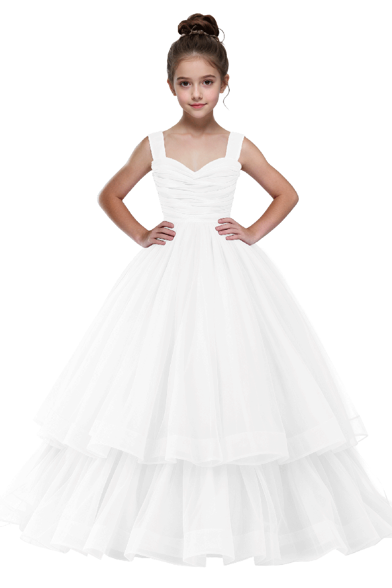 Girls Green Ruched Bodice Tiered Tulle Gown for Weddings with Back Bow Accent