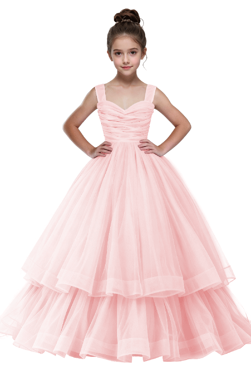 Girls Green Ruched Bodice Tiered Tulle Gown for Weddings with Back Bow Accent