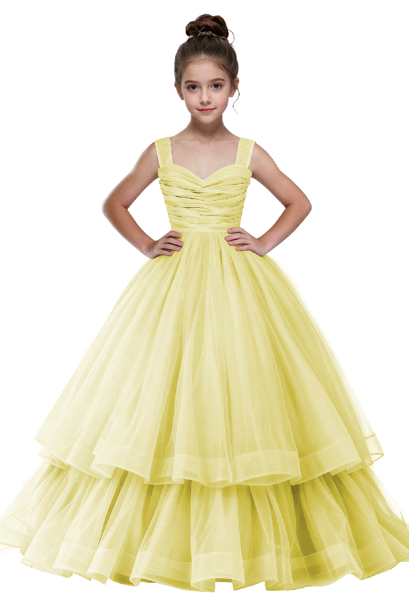 Girls Green Ruched Bodice Tiered Tulle Gown for Weddings with Back Bow Accent