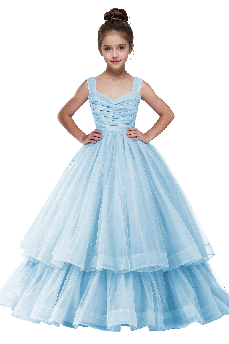 Girls Green Ruched Bodice Tiered Tulle Gown for Weddings with Back Bow Accent