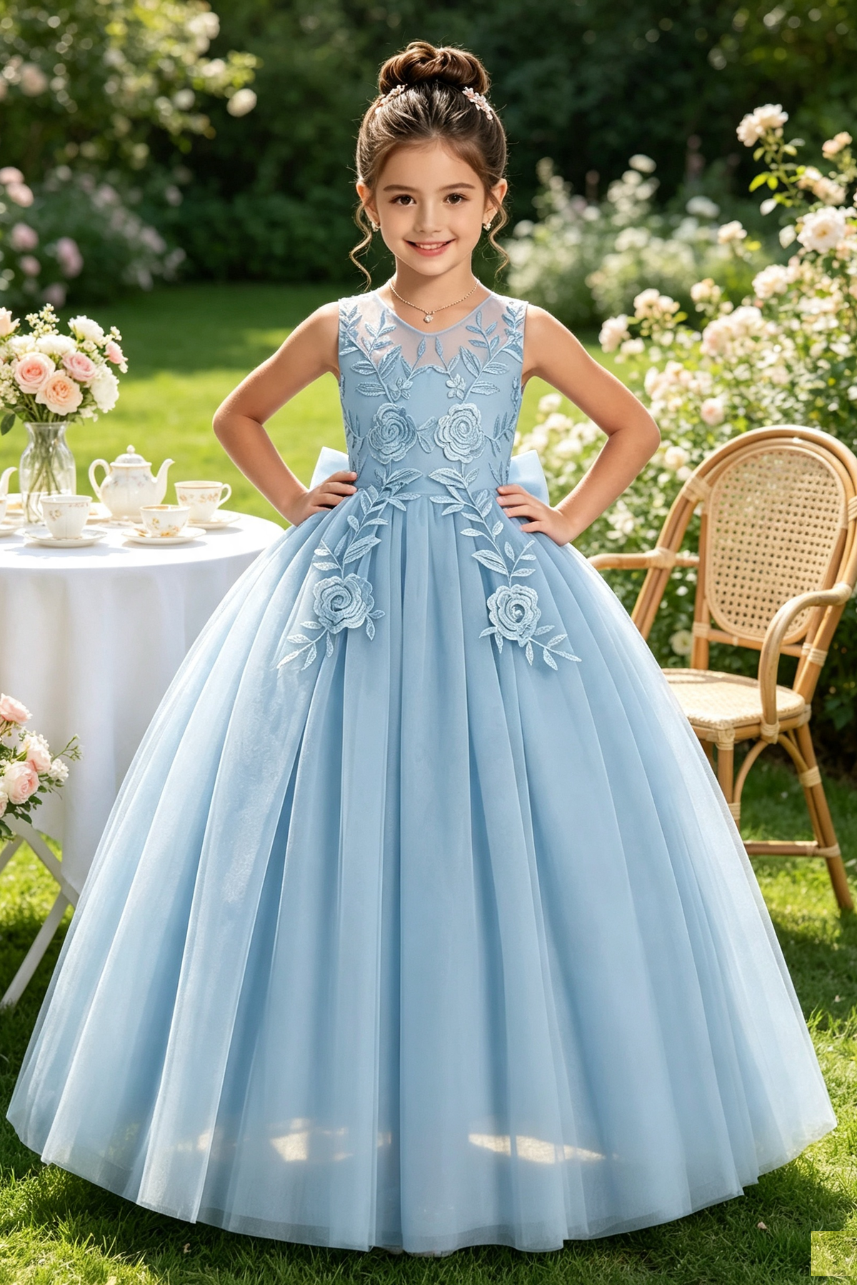 Light Green Floral Lace Tulle Large Back Bow A‑Line Dress
