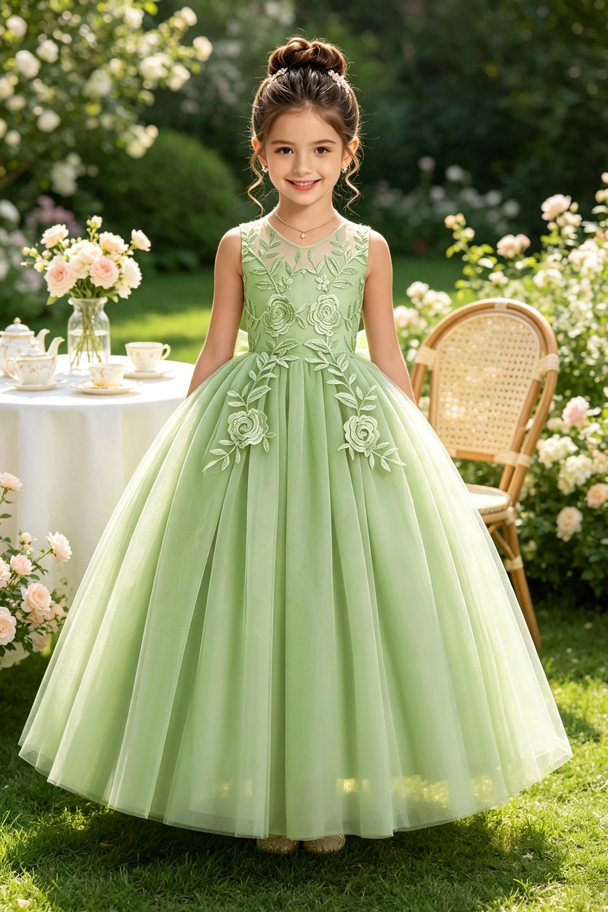 Light Green Floral Lace Tulle Large Back Bow A‑Line Dress