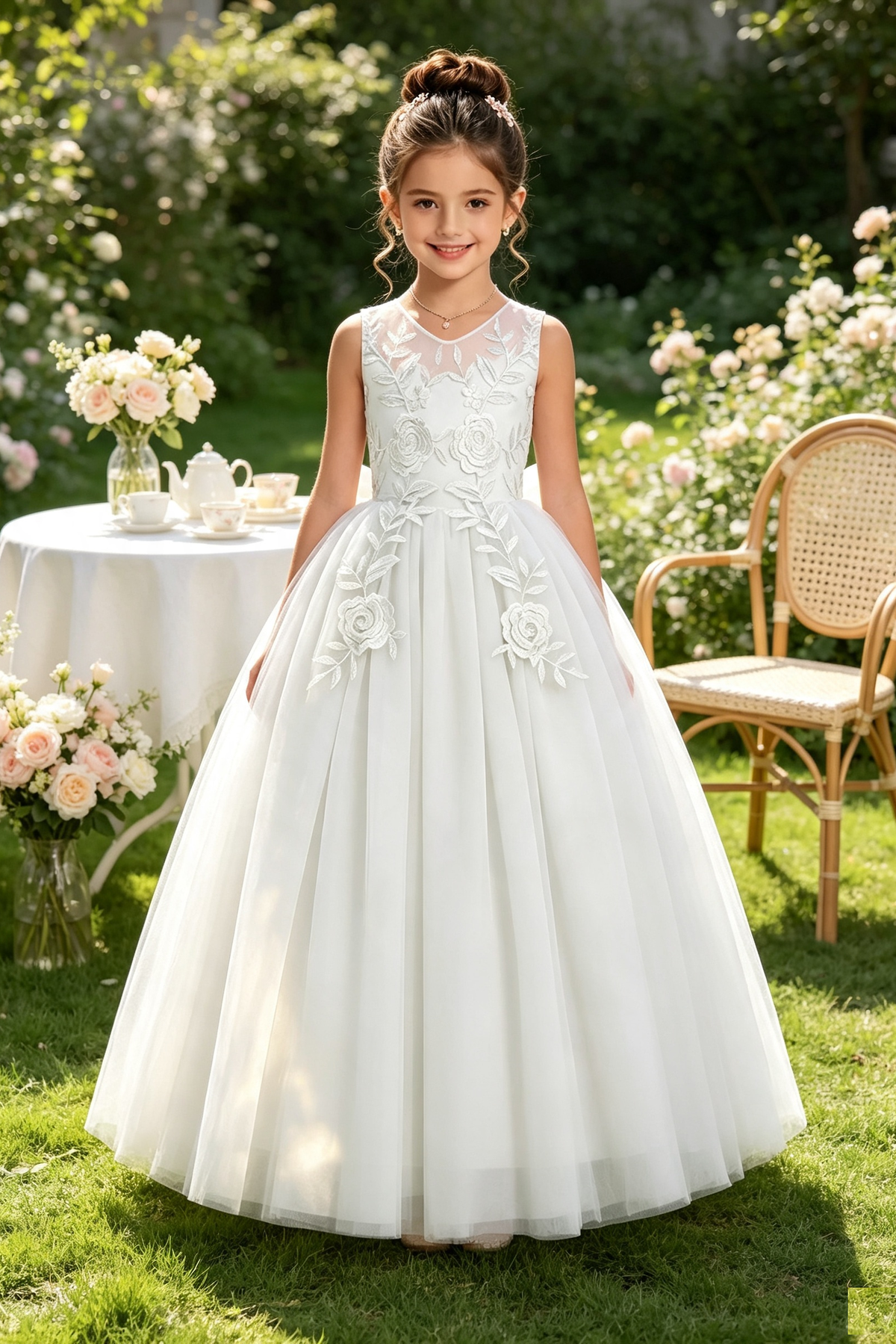 Light Green Floral Lace Tulle Large Back Bow A‑Line Dress