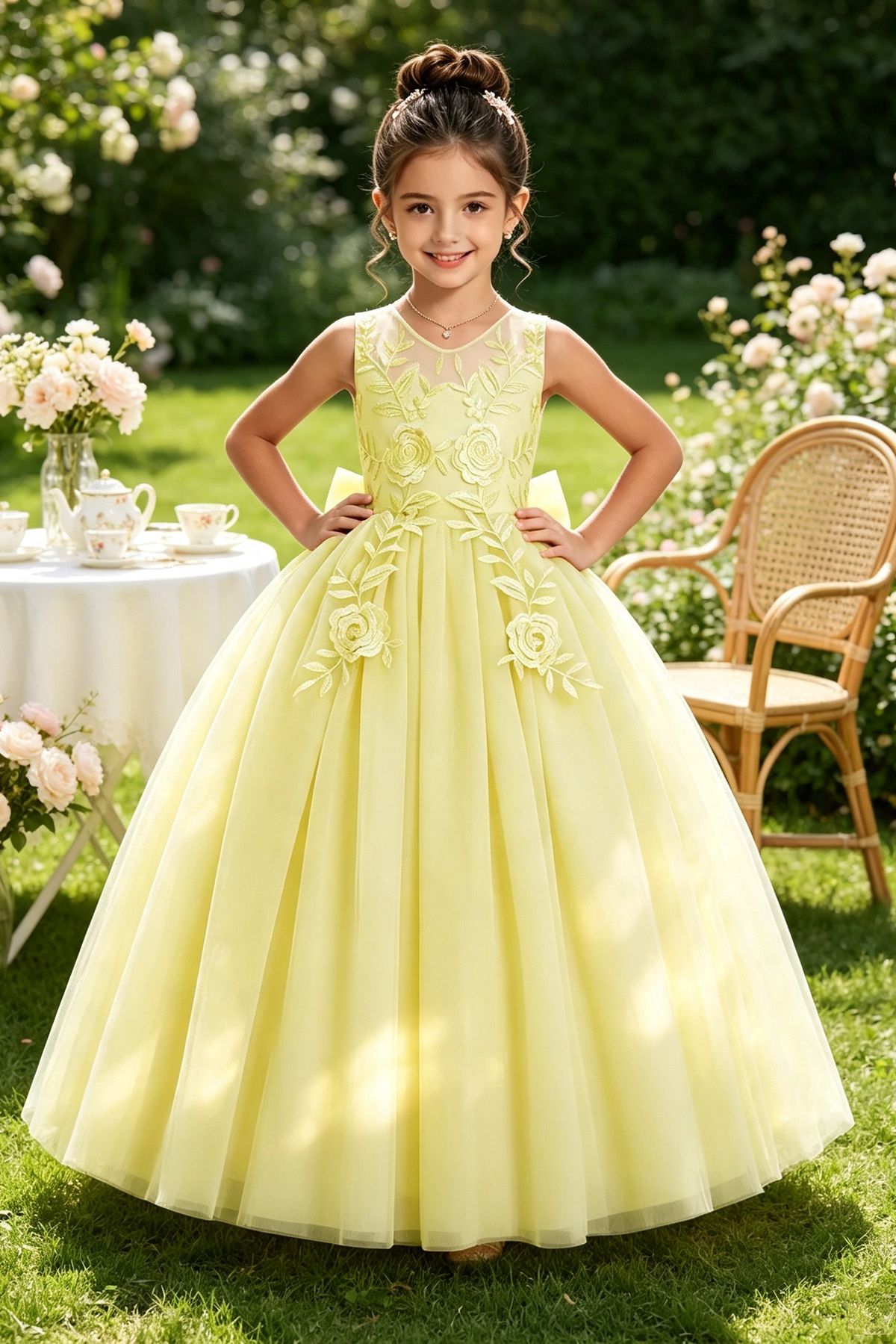 Light Green Floral Lace Tulle Large Back Bow A‑Line Dress