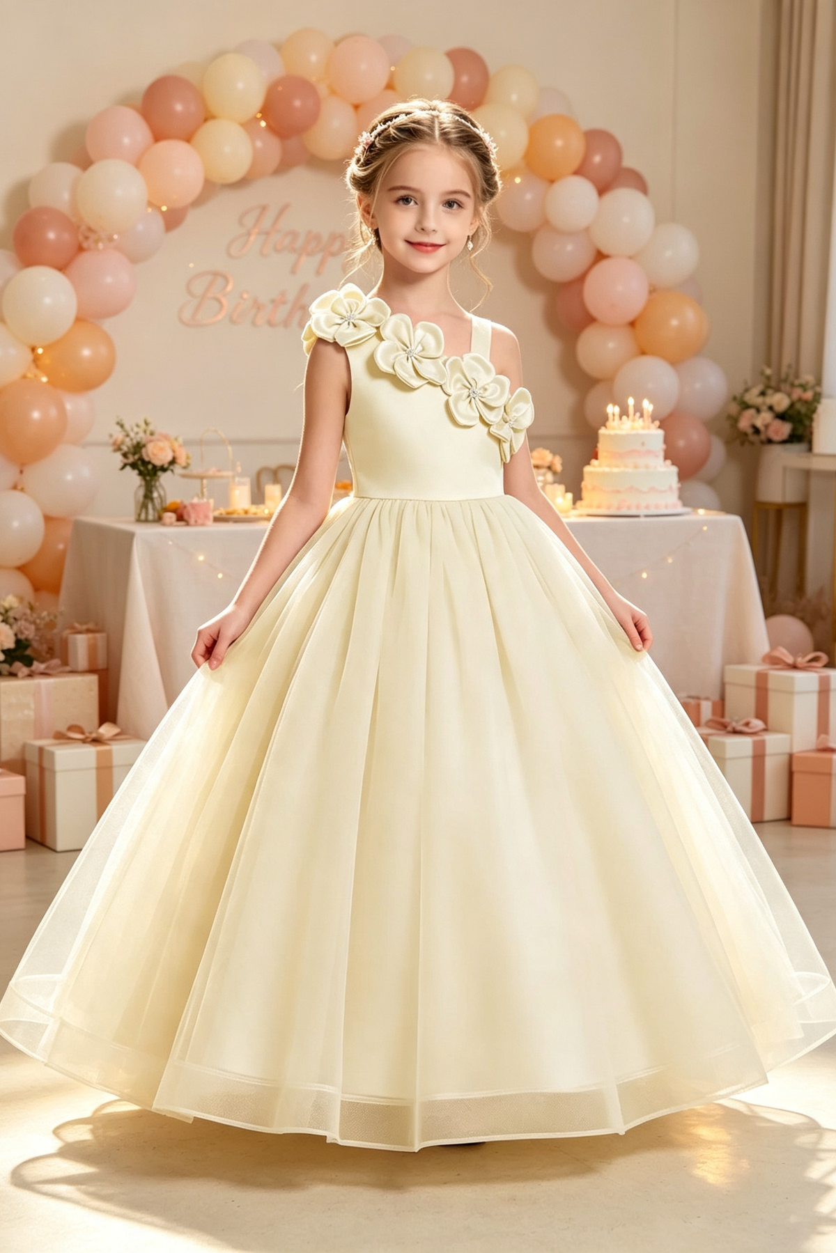 Light Green Satin 3D Floral Tulle A‑Line Dress