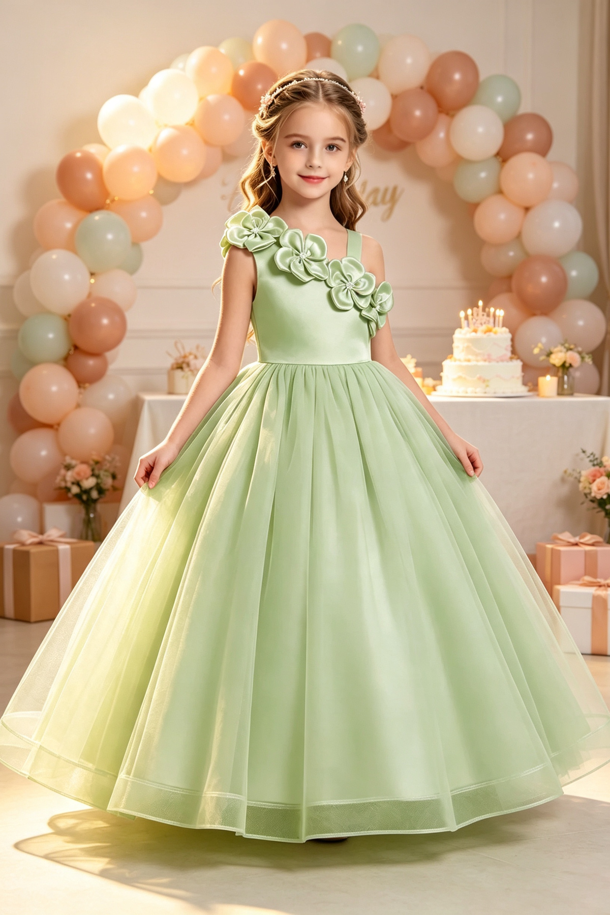 Light Green Satin 3D Floral Tulle A‑Line Dress