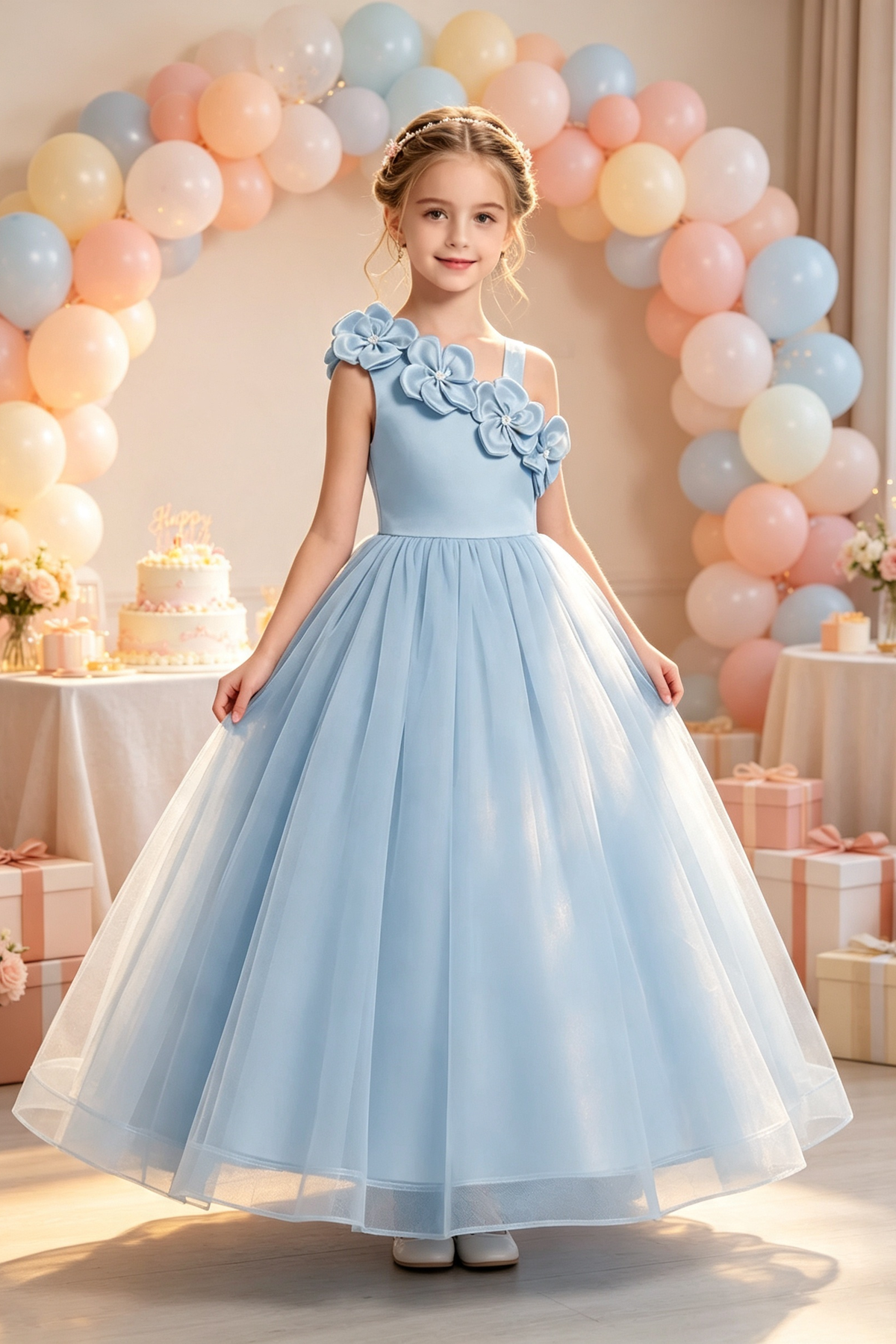 Light Green Satin 3D Floral Tulle A‑Line Dress