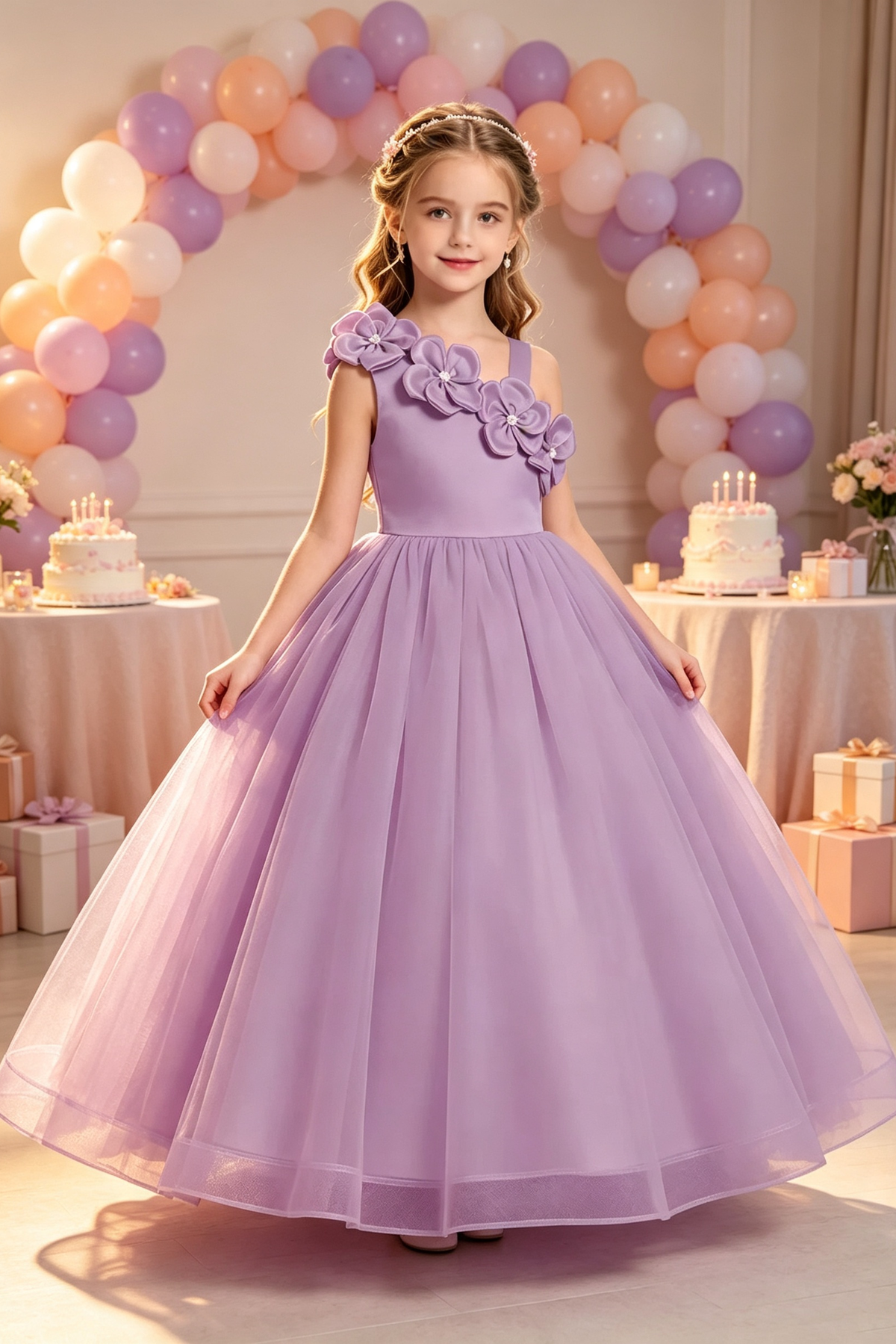 Light Green Satin 3D Floral Tulle A‑Line Dress
