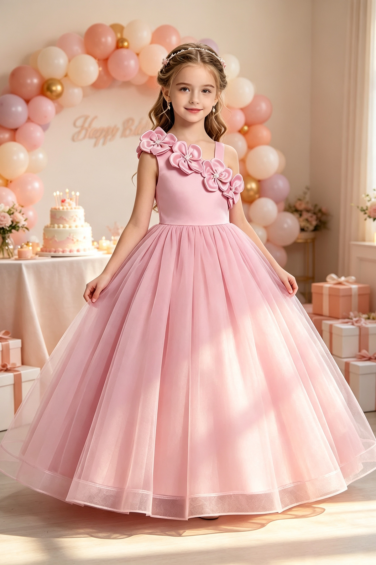 Light Green Satin 3D Floral Tulle A‑Line Dress