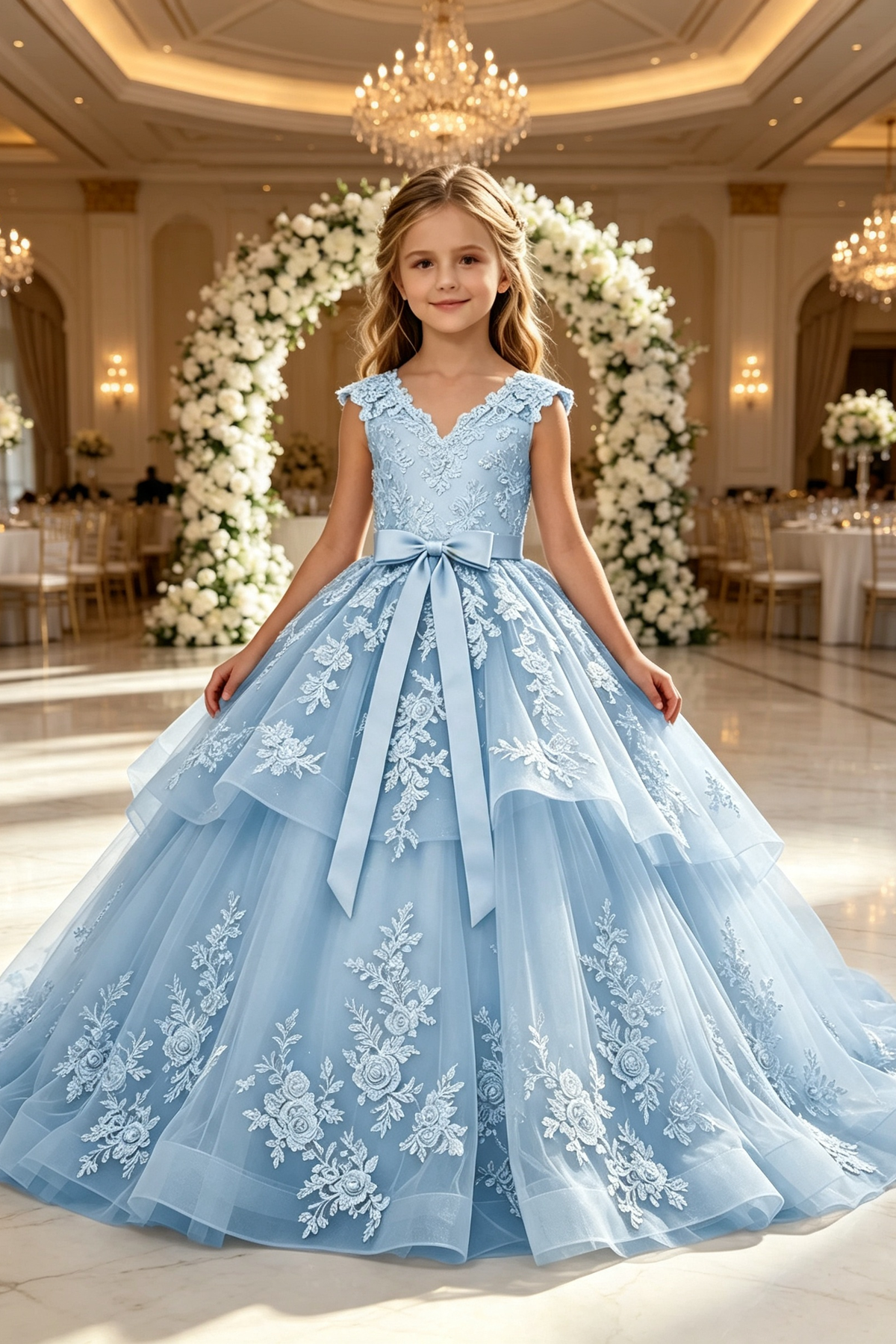 Champagne Heavy Lace Satin Bow Tulle A‑Line Dress