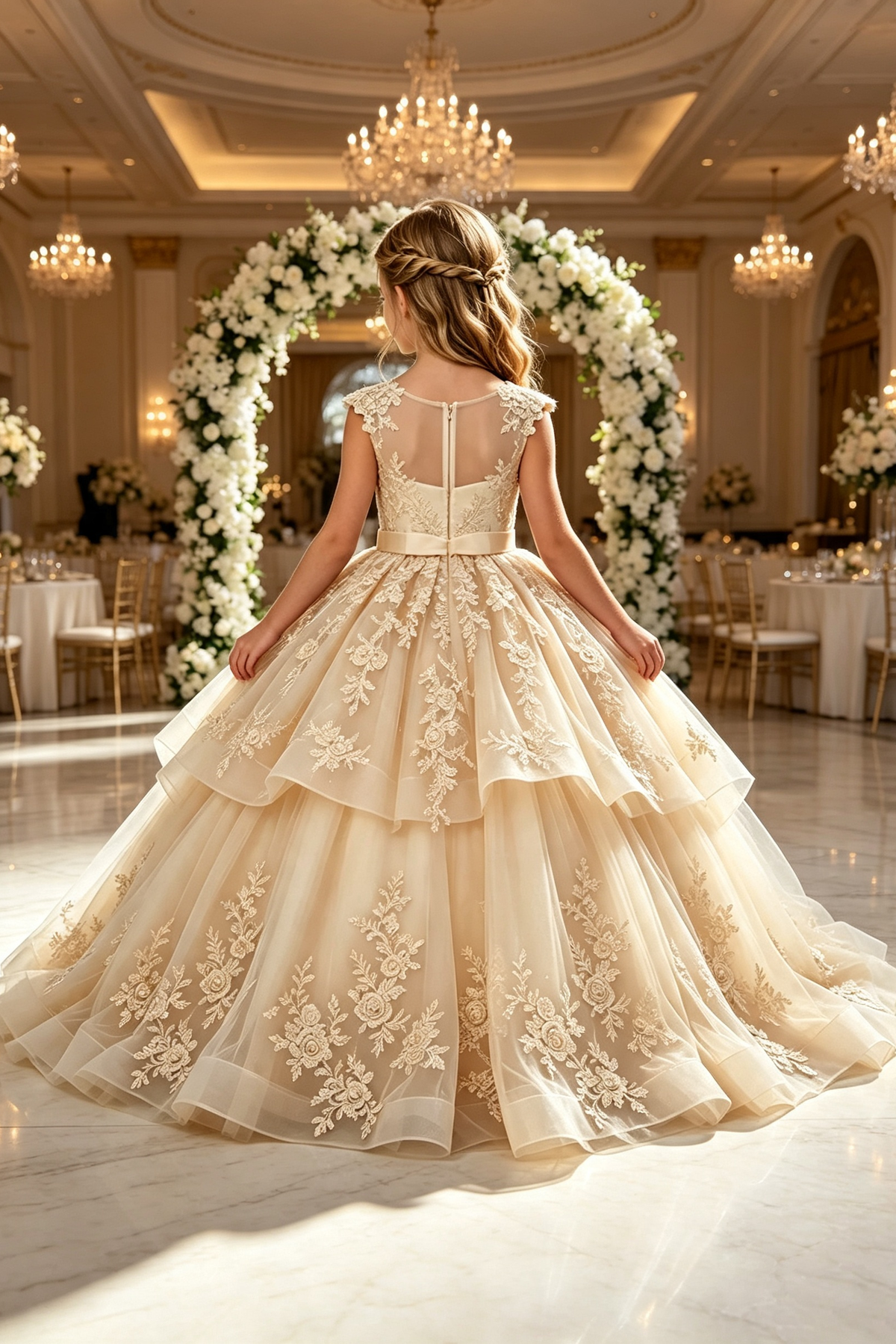Champagne Heavy Lace Satin Bow Tulle A‑Line Dress