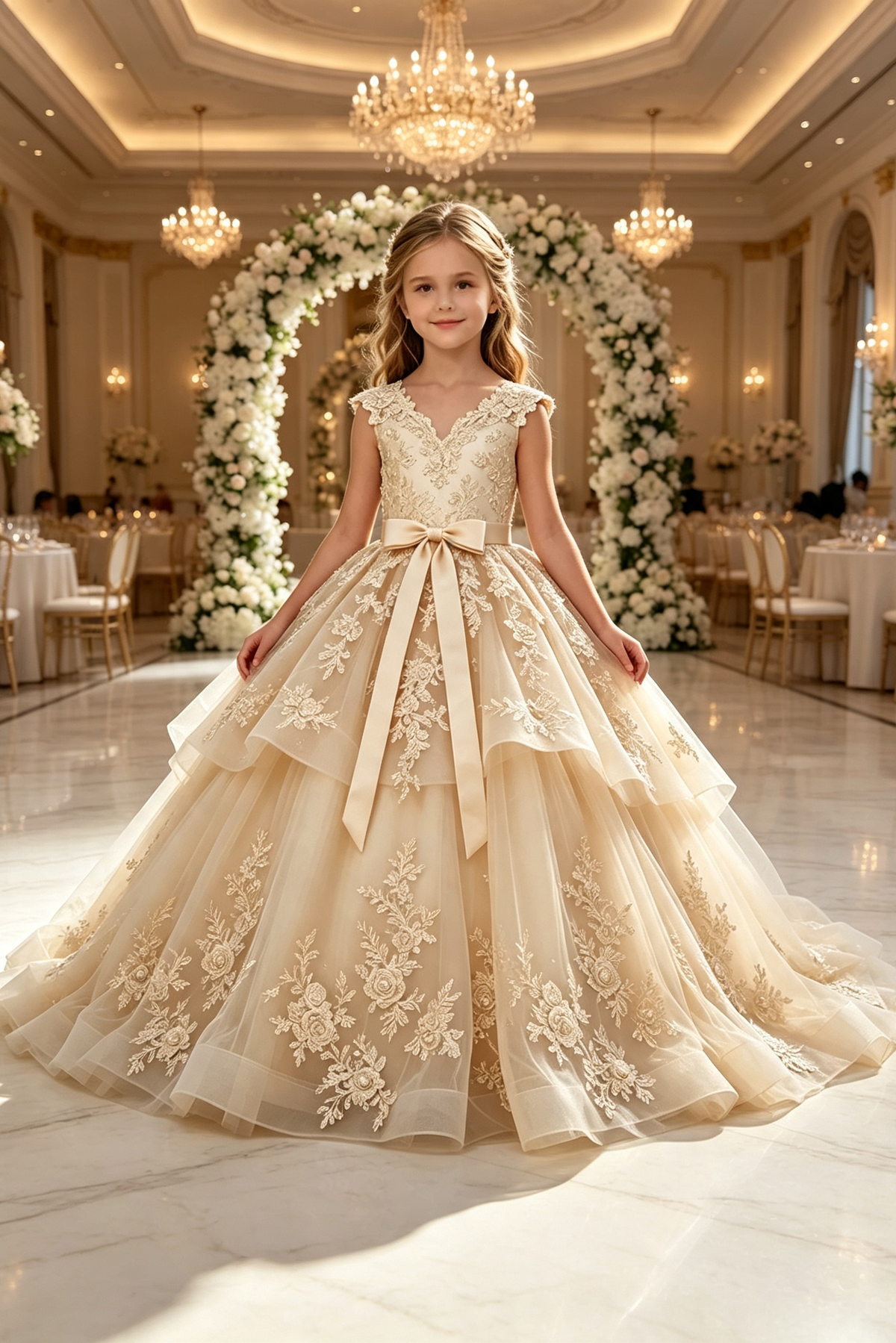 Champagne Heavy Lace Satin Bow Tulle A‑Line Dress