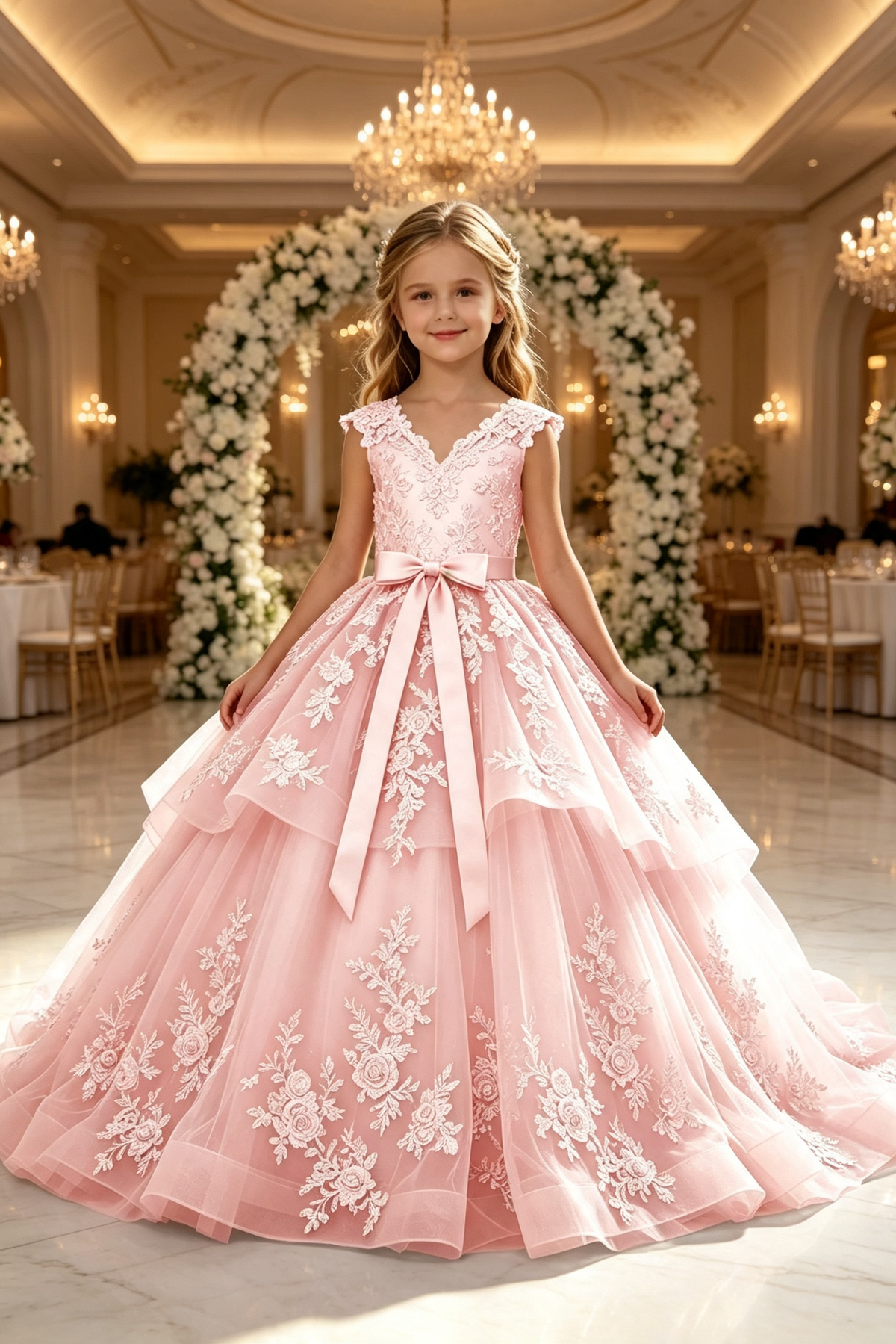 Champagne Heavy Lace Satin Bow Tulle A‑Line Dress