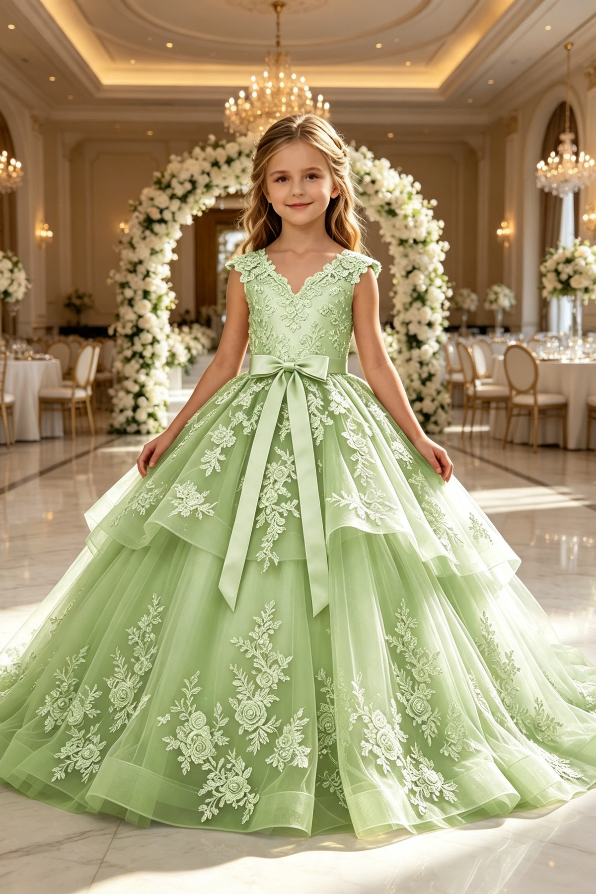 Champagne Heavy Lace Satin Bow Tulle A‑Line Dress
