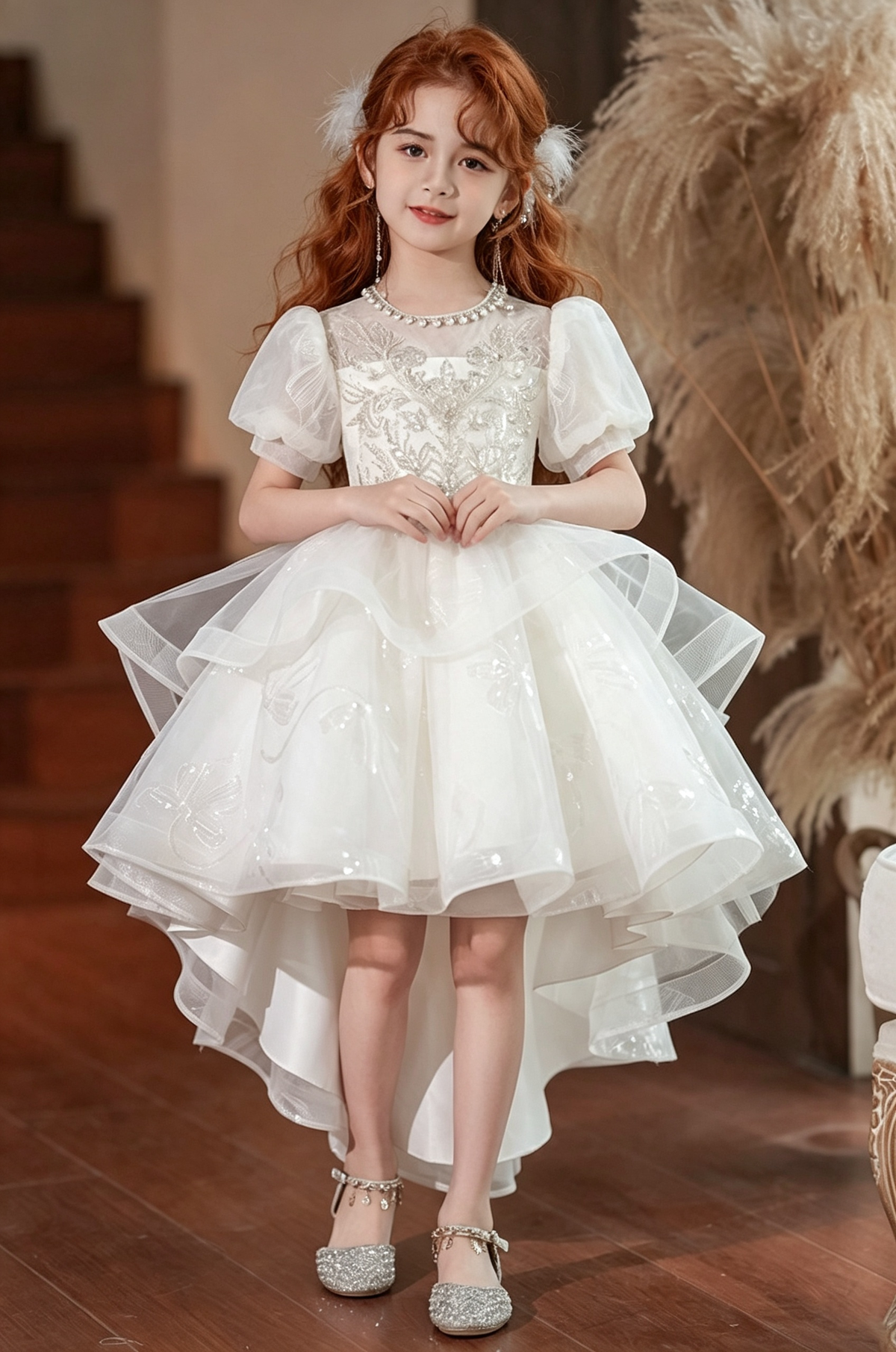 Champagne Sequin Embroidered Puff Sleeve Bow‑Print Layered Tulle A‑Line Dress