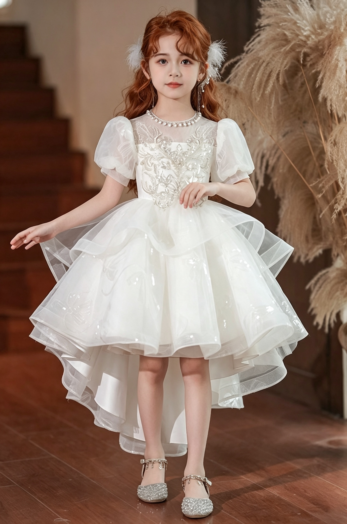 Champagne Sequin Embroidered Puff Sleeve Bow‑Print Layered Tulle A‑Line Dress