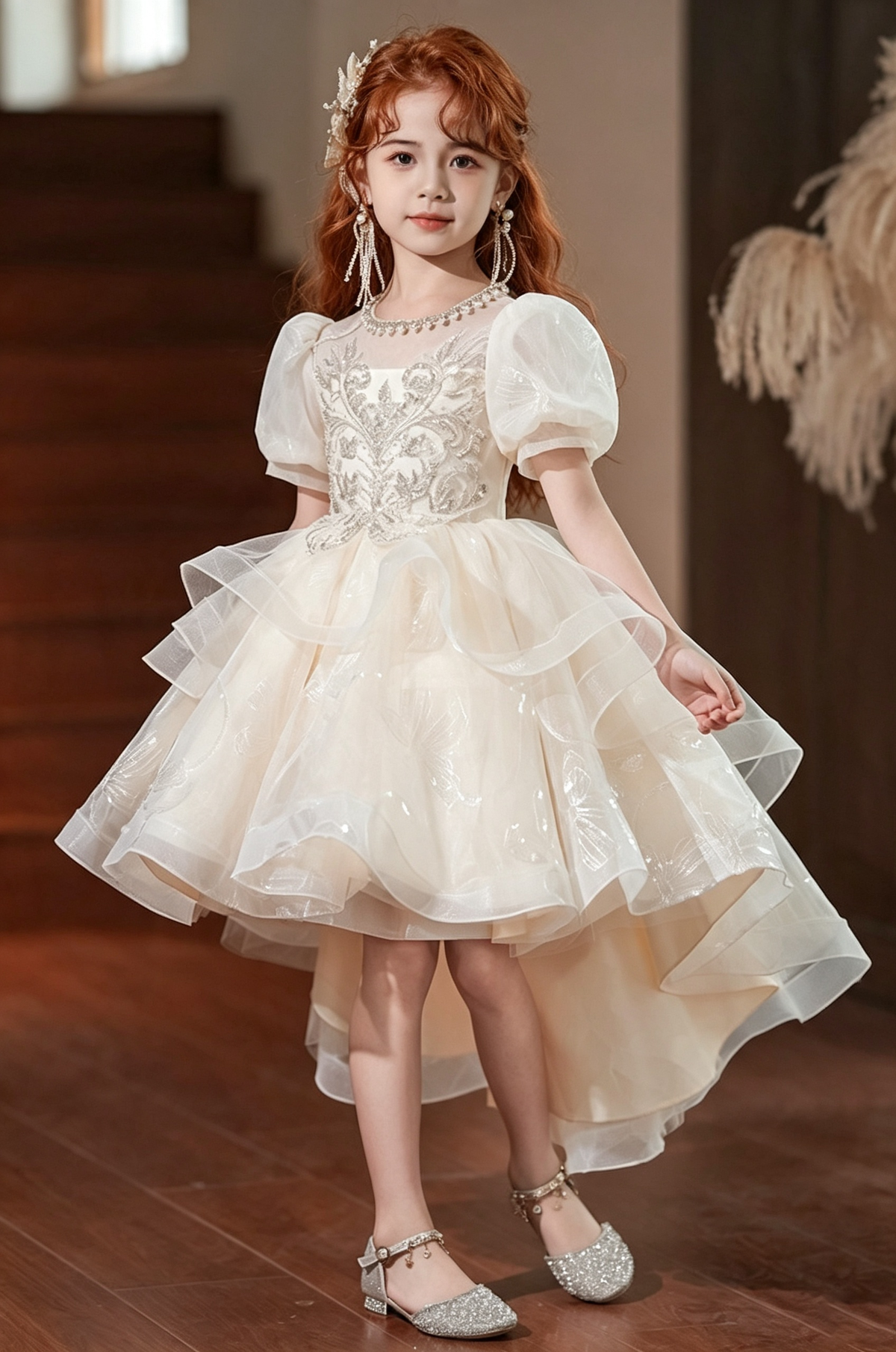 Champagne Sequin Embroidered Puff Sleeve Bow‑Print Layered Tulle A‑Line Dress