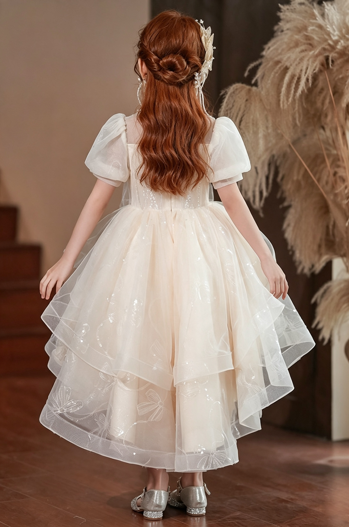 Champagne Sequin Embroidered Puff Sleeve Bow‑Print Layered Tulle A‑Line Dress