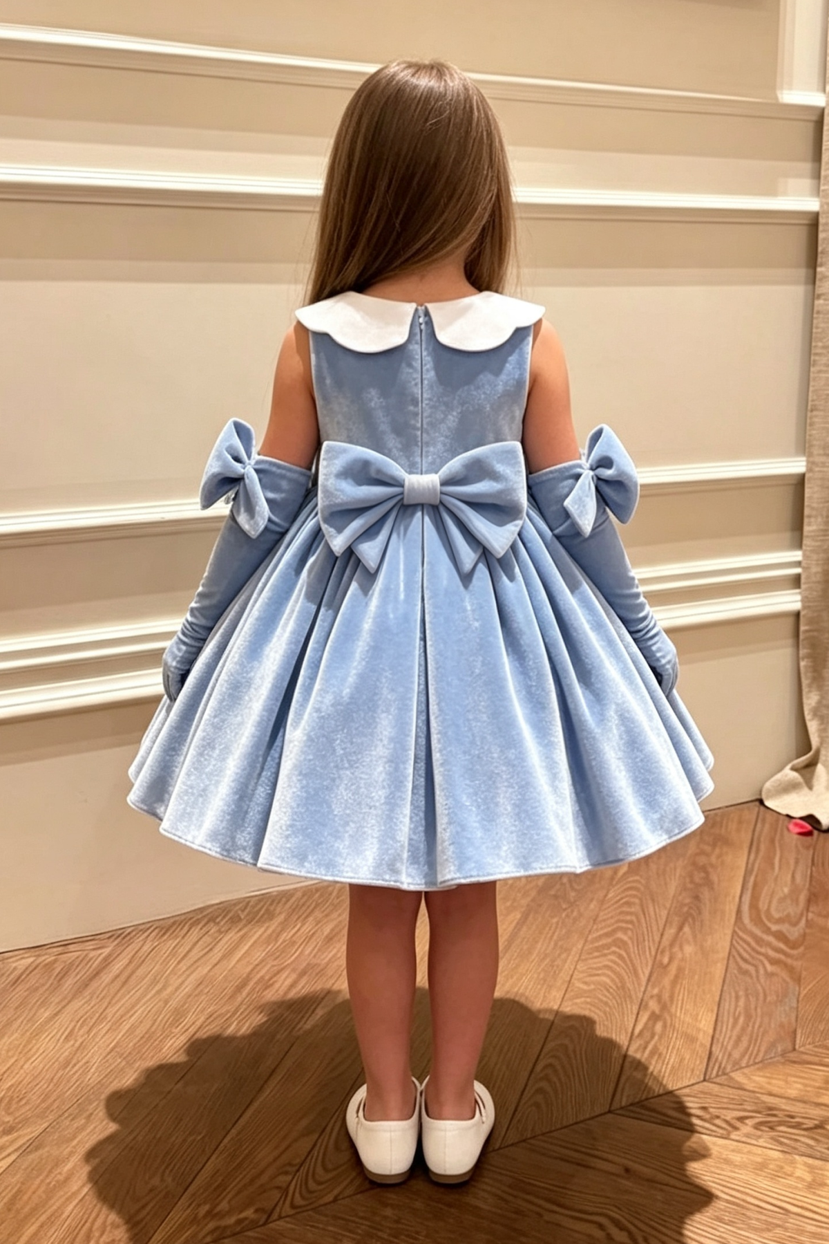 Light Blue Velvet White Satin Bows Sleeveless Girls Vintage Party Dress