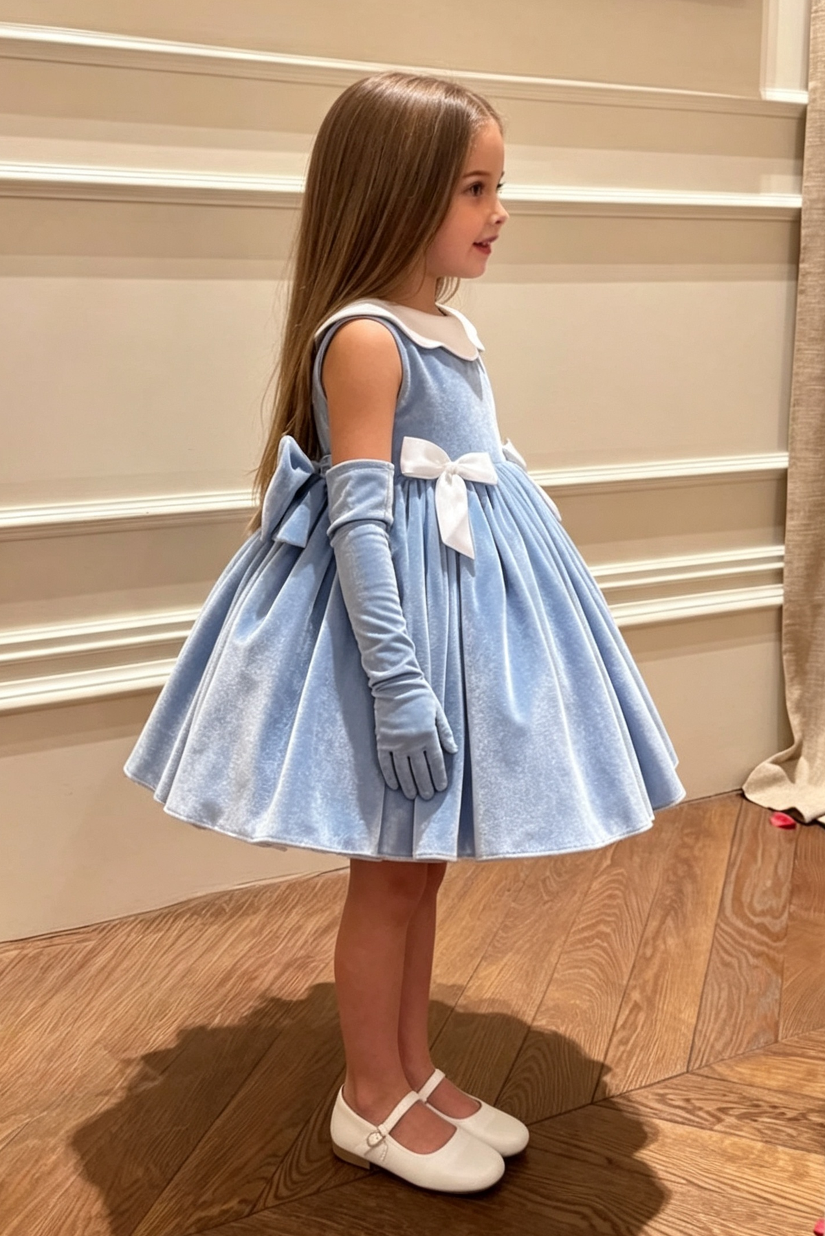 Light Blue Velvet White Satin Bows Sleeveless Girls Vintage Party Dress