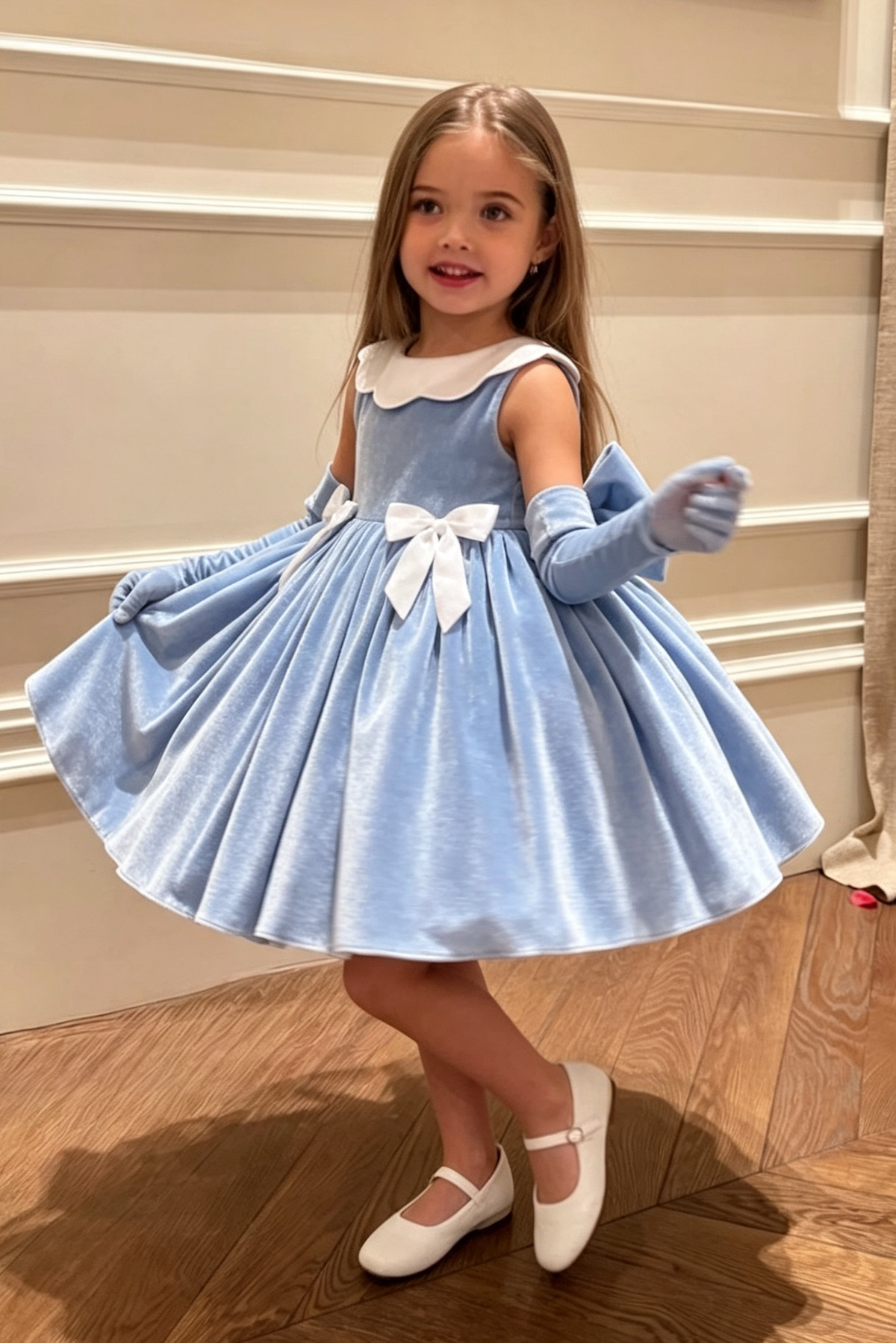 Light Blue Velvet White Satin Bows Sleeveless Girls Vintage Party Dress