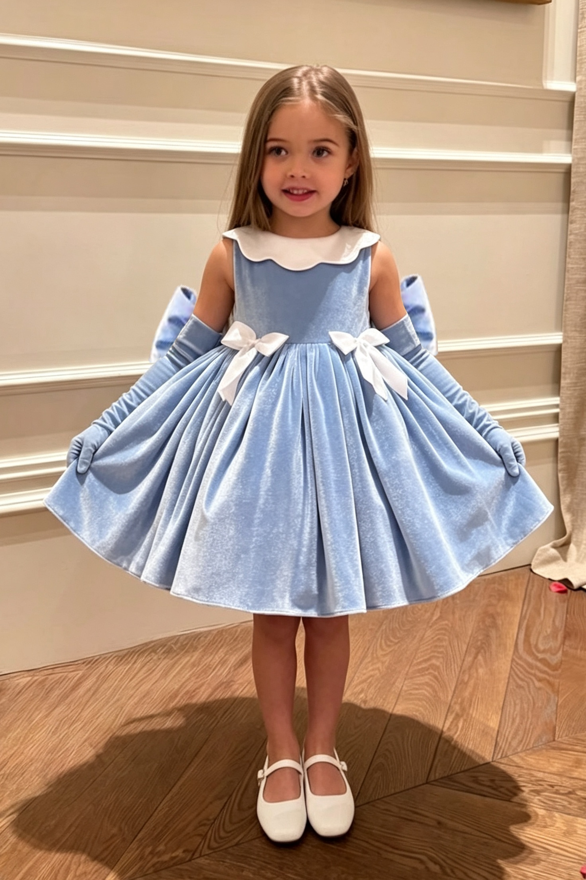 Light Blue Velvet White Satin Bows Sleeveless Girls Vintage Party Dress