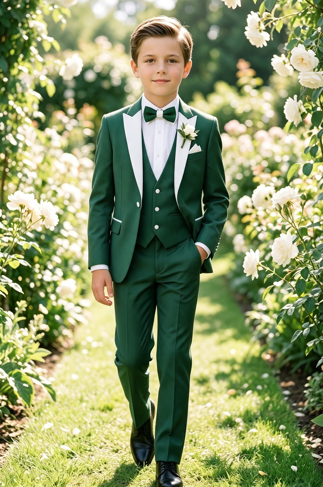 Deep Green & White Contrast Serge?Blend Single?Breasted 3?Piece Suit