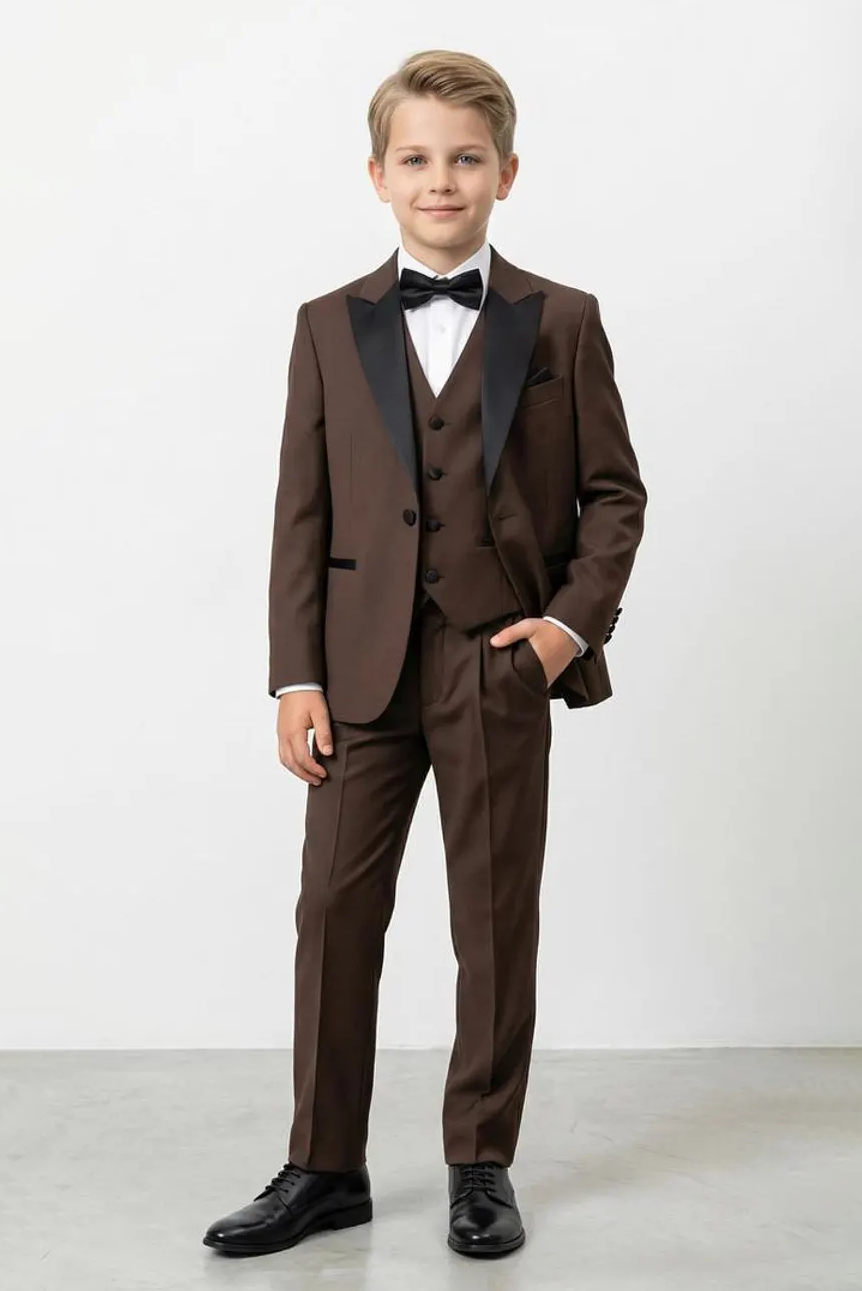 Deep Brown & Black Satin Serge?Blend Boys Single?Breasted Tuxedo 3?Piece Suit