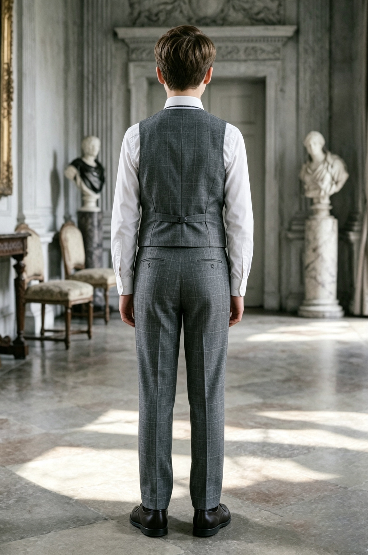 Deep Grey Windowpane Check Serge?Blend Double?Breasted Waistcoat 2?Piece Suit