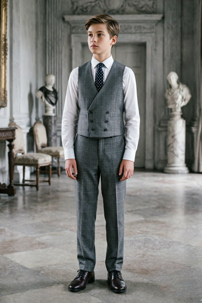 Deep Grey Windowpane Check Serge?Blend Double?Breasted Waistcoat 2?Piece Suit