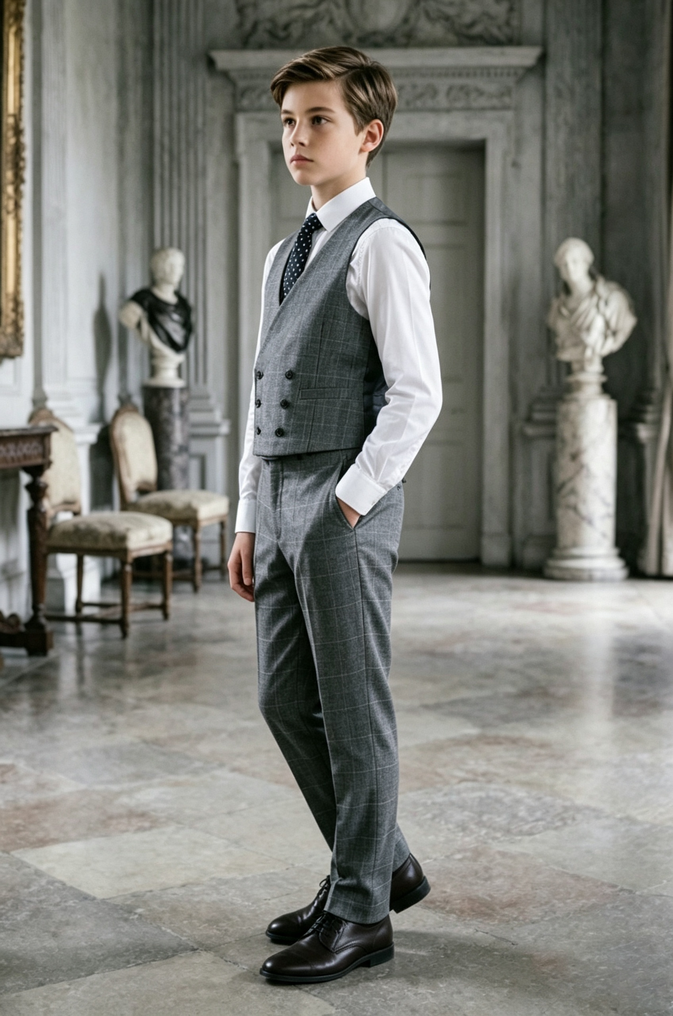Deep Grey Windowpane Check Serge?Blend Double?Breasted Waistcoat 2?Piece Suit