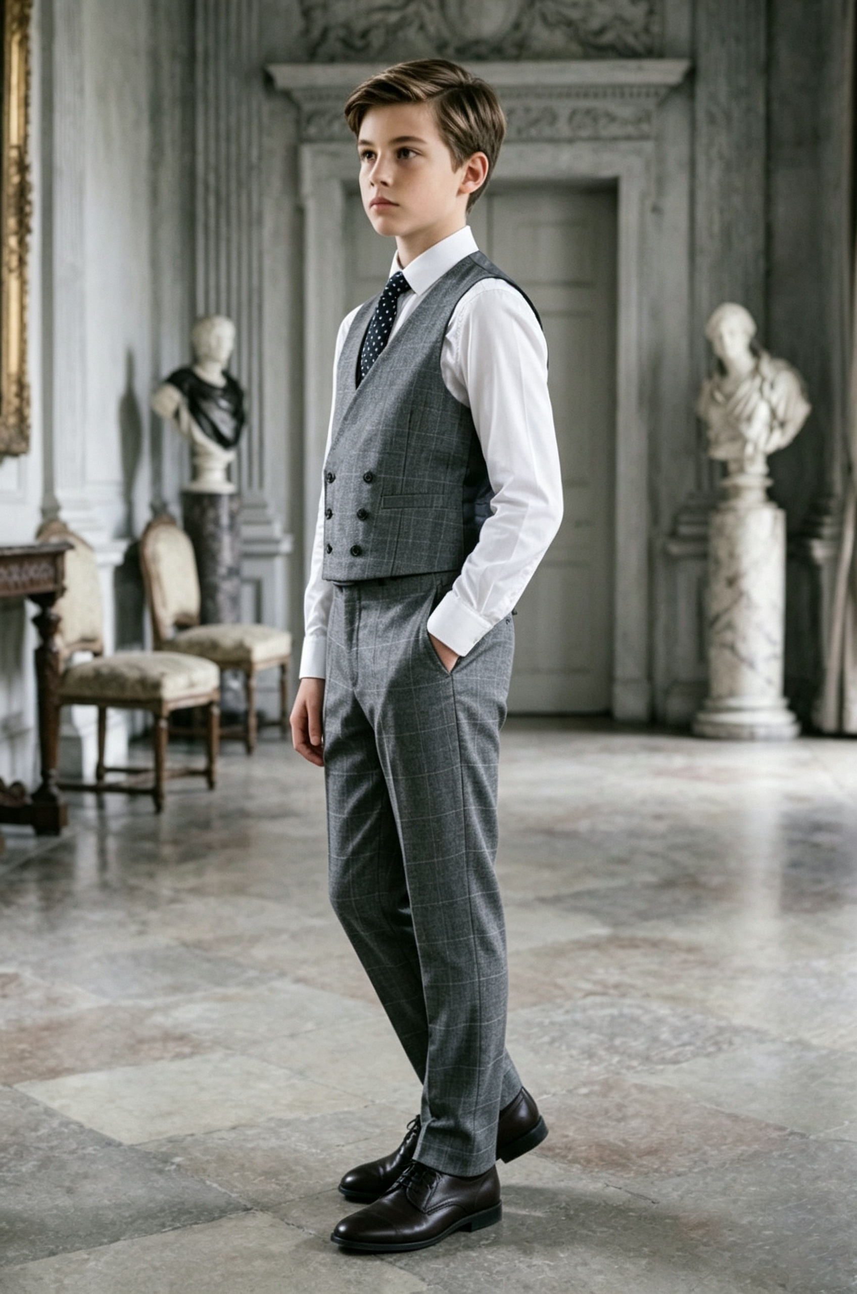 Deep Grey Windowpane Check Serge?Blend Double?Breasted Waistcoat 2?Piece Suit