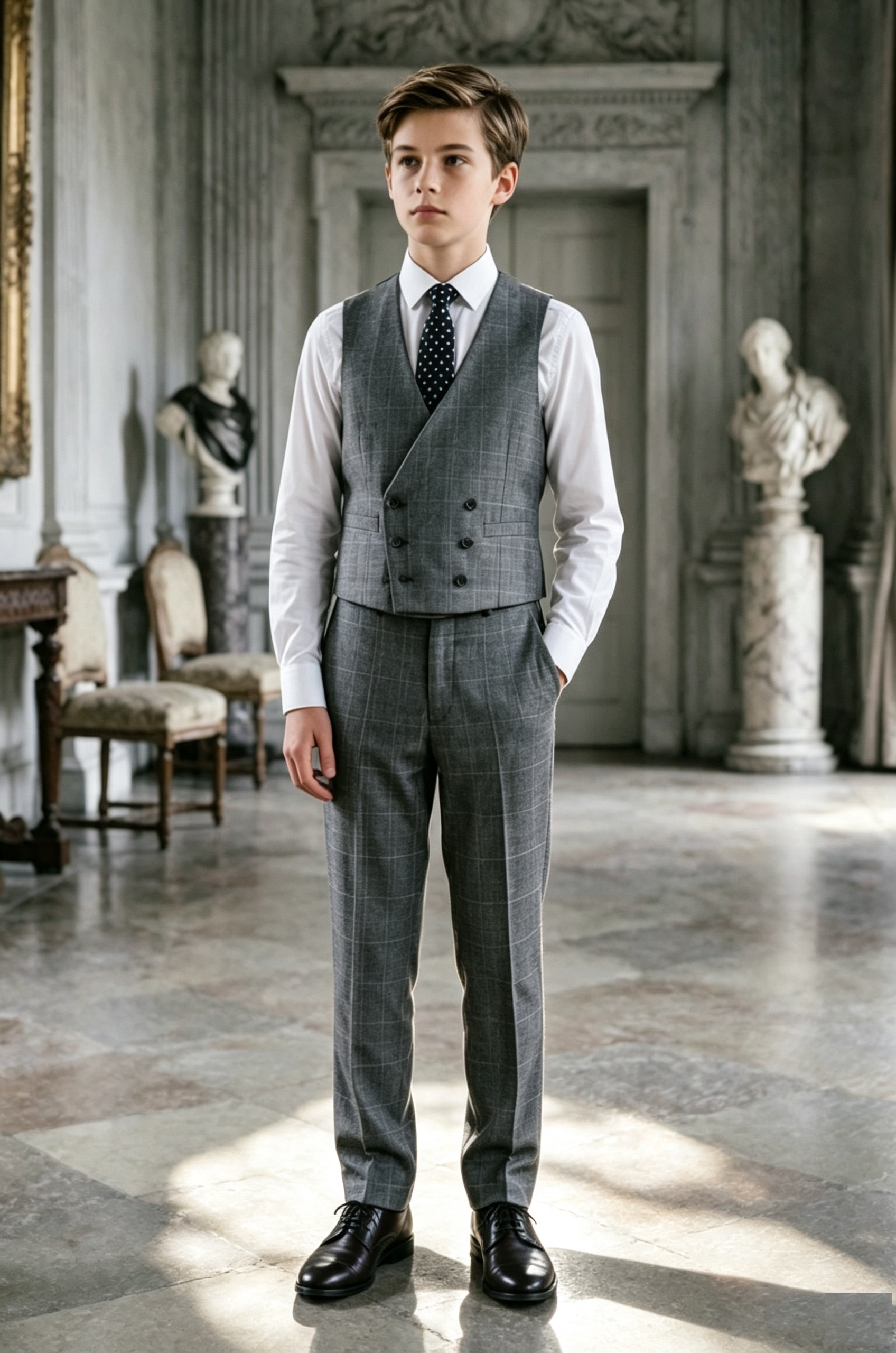 Deep Grey Windowpane Check Serge?Blend Double?Breasted Waistcoat 2?Piece Suit