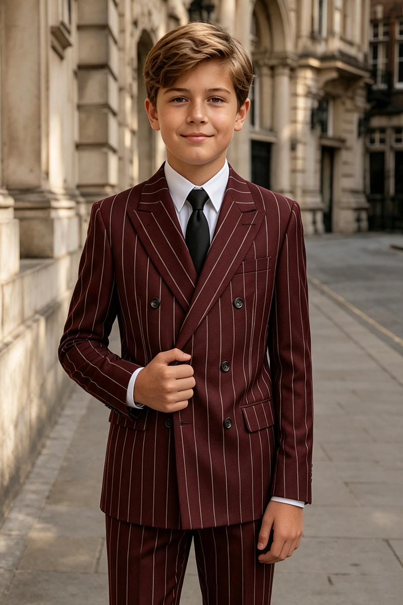 Boys Burgundy Pinstripe Double?Breasted 2-Piece Suit for Weddings