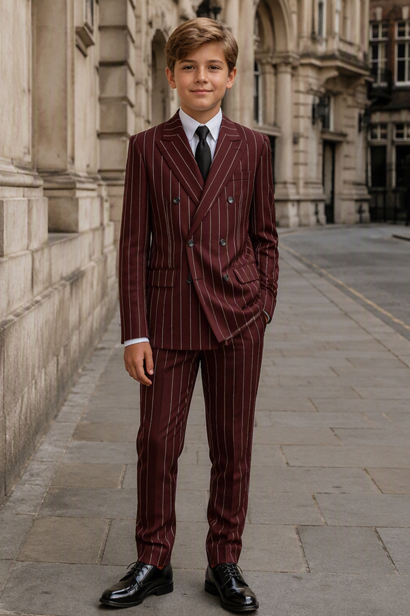 Boys Burgundy Pinstripe Double?Breasted 2-Piece Suit for Weddings
