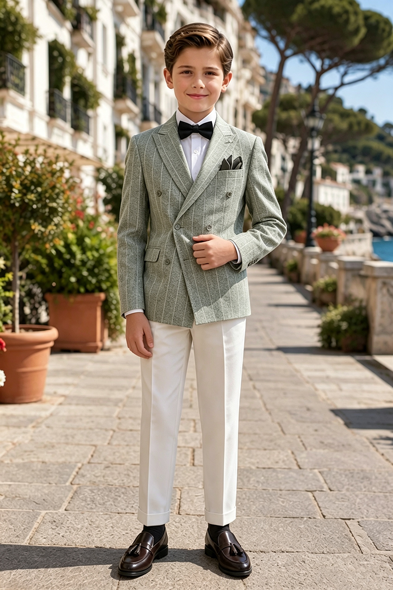 Boys Sage?Green Pinstripe Jacket & White Trousers 2-Piece Suit for Weddings