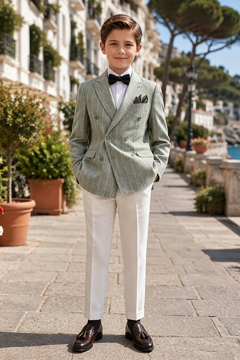 Boys Sage?Green Pinstripe Jacket & White Trousers 2-Piece Suit for Weddings