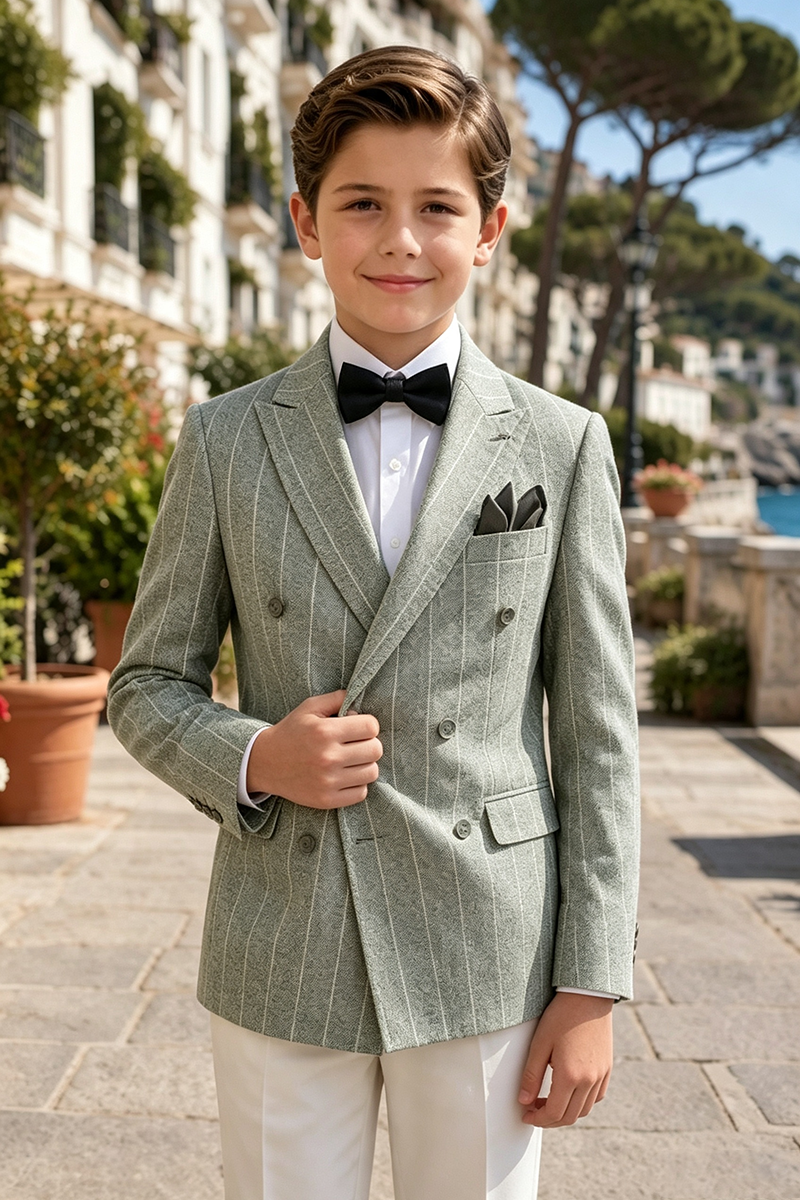 Boys Sage?Green Pinstripe Jacket & White Trousers 2-Piece Suit for Weddings