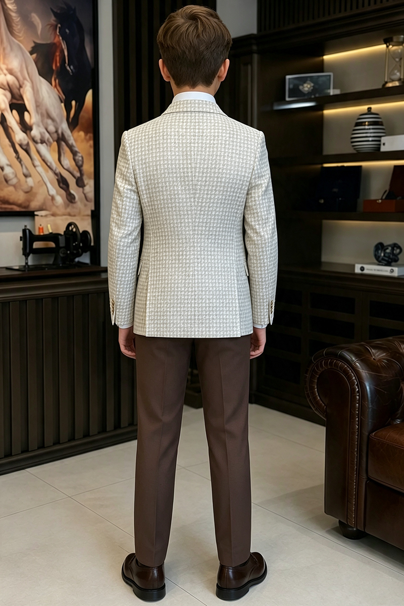 Boys Beige Houndstooth Double?Breasted 2-Piece Suit for Weddings