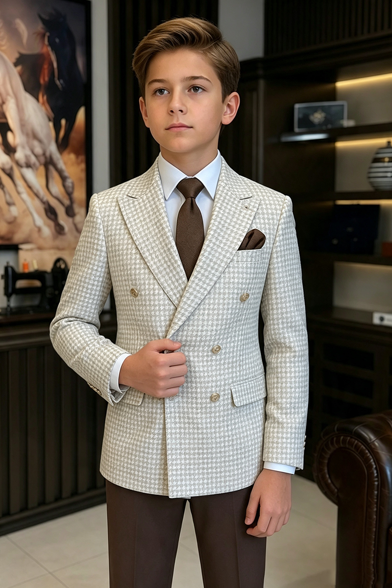 Boys Beige Houndstooth Double?Breasted 2-Piece Suit for Weddings