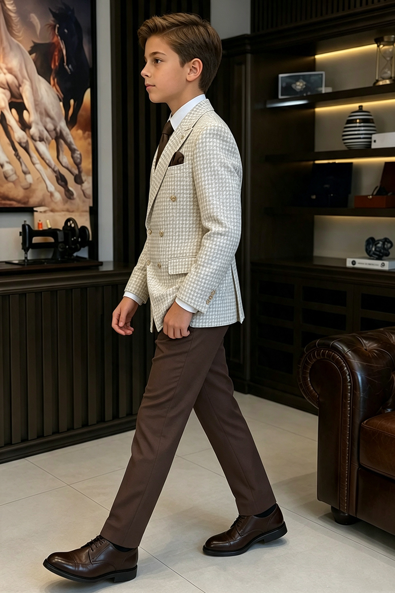 Boys Beige Houndstooth Double?Breasted 2-Piece Suit for Weddings