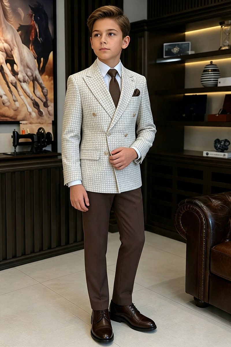 Boys Beige Houndstooth Double?Breasted 2-Piece Suit for Weddings