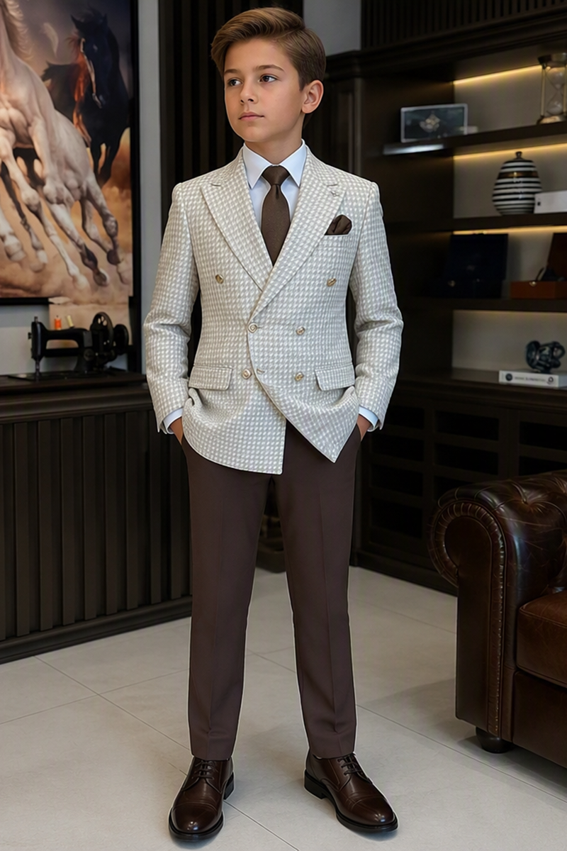Boys Beige Houndstooth Double?Breasted 2-Piece Suit for Weddings