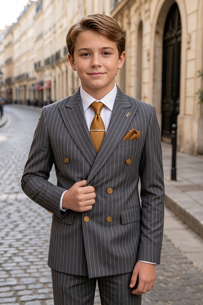 Boys Grey Pinstripe Double?Breasted2-Piece Suit for Weddings
