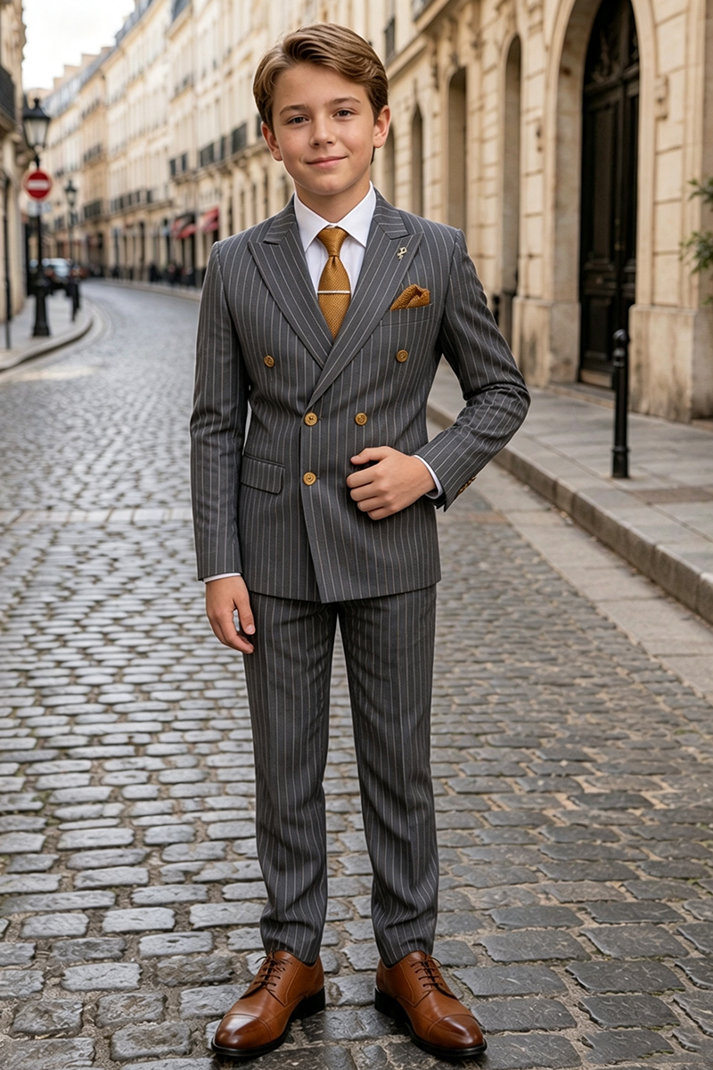 Boys Grey Pinstripe Double?Breasted2-Piece Suit for Weddings