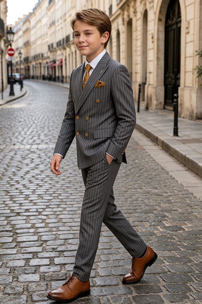 Boys Grey Pinstripe Double?Breasted2-Piece Suit for Weddings